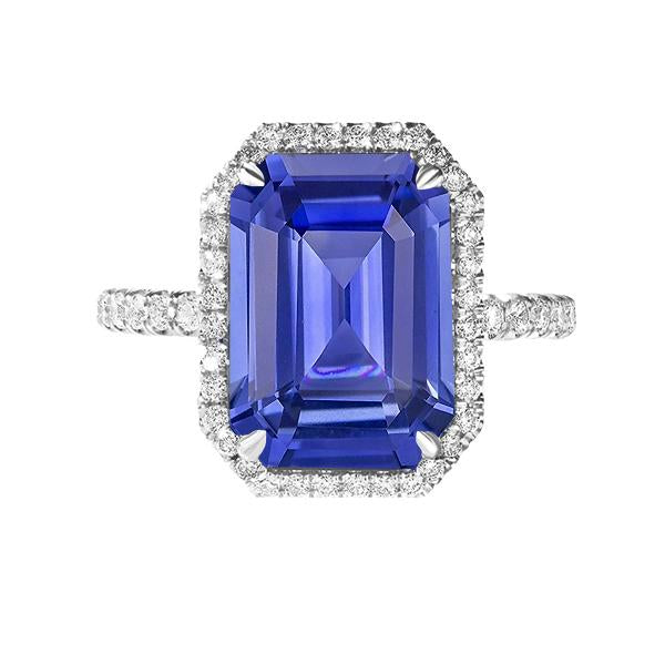 Blue Sapphire Halo Emerald Cut Ring 5.50 Carats Diamonds Jewelry