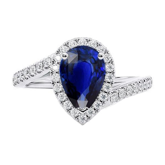 Blue Sapphire Halo Engagement Ring Pear & Diamonds 4.50 Carats