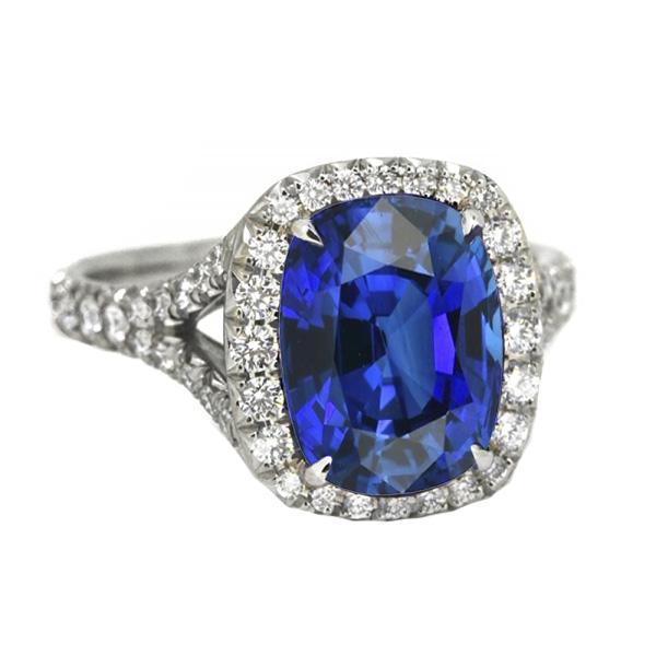 Blue Sapphire Halo Oval Diamond Ring 5.50 Carats Pave Split Shank