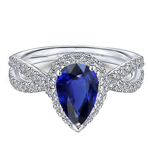 Blue Sapphire Halo Pear Engagement Ring Split Shank 4 Carats Diamonds