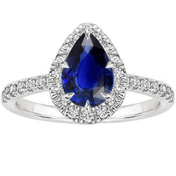 Blue Sapphire Halo Ring Pear Cut & Pave Set Diamonds 5.50 Carats