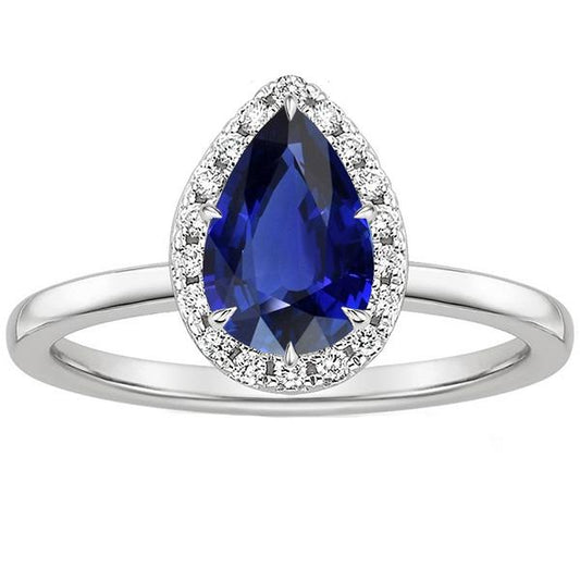 Blue Sapphire Halo Ring Prong Set Pear & Diamonds 4.50 Carats