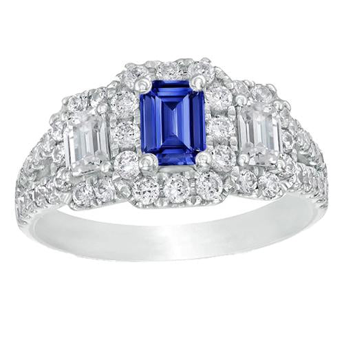 Blue Sapphire Halo Ring Radiant Cut Emerald & Round Diamonds 4 Carats