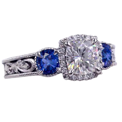 Blue Sapphire Milligrain Ring Antique Style Pattern 3 Carats