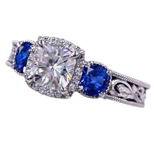 Blue Sapphire Milligrain Ring Antique Style Pattern 3 Carats