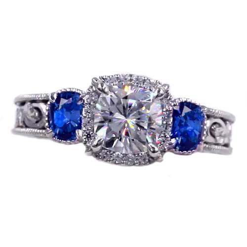 Blue Sapphire Milligrain Ring Antique Style Pattern 3 Carats