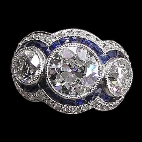 Blue Sapphire Old Cut Round Diamond Ring 3 Stone Style 6 Carats