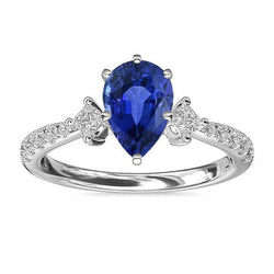 Blue Sapphire Ring SriLanka Three Stone Diamond Accents Pear 3 Carats