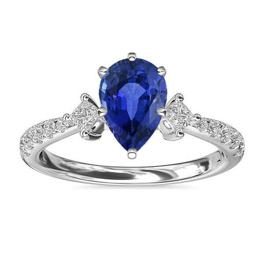 Blue Sapphire Ring SriLanka Three Stone Diamond Accents Pear 3 Carats