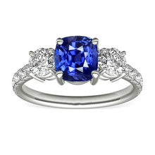 Blue Sapphire & Round Diamond Ring 3.50 Carats 3 Stone Style Jewelry