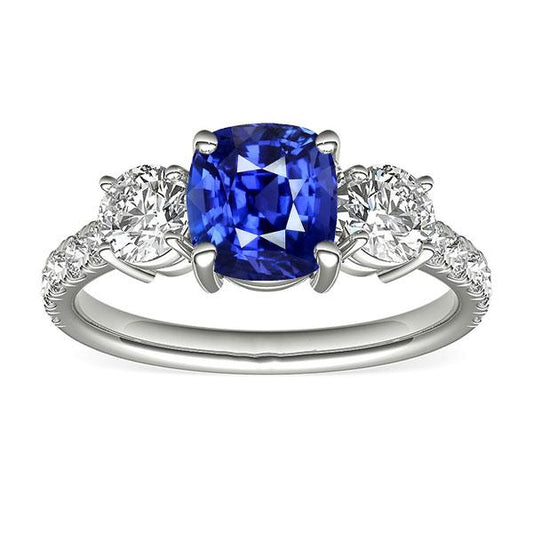 Blue Sapphire & Round Diamond Ring 3.50 Carats 3 Stone Style Jewelry