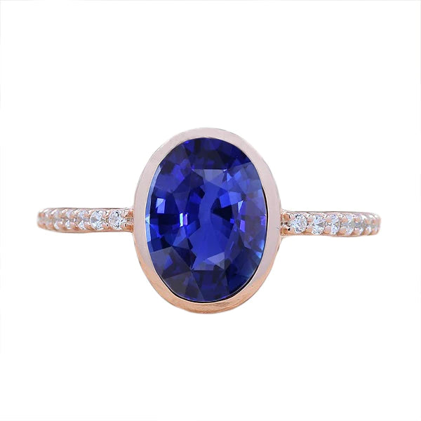 Blue Sapphire Solitaire Ring Bezel Set With Diamonds Gold 3.50 Carats