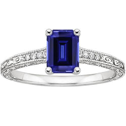 Blue Sapphire Solitaire Ring With Natural Earth Mined Diamonds Milgrain Shank 3.50 Carats