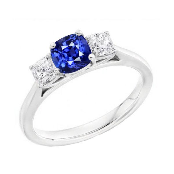 Blue Sapphire Three Stone Ring & Cushion Diamonds 2 Carats Gold 14K