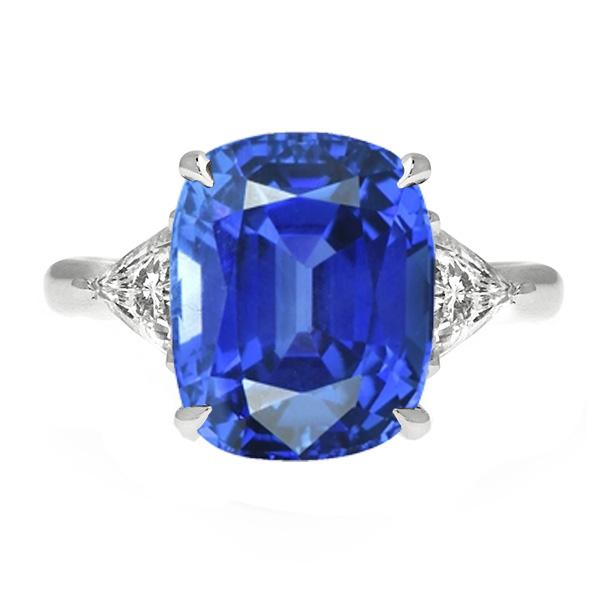 Blue Sapphire Three Stone Ring Oval & Trillion Diamonds 4.50 Carats