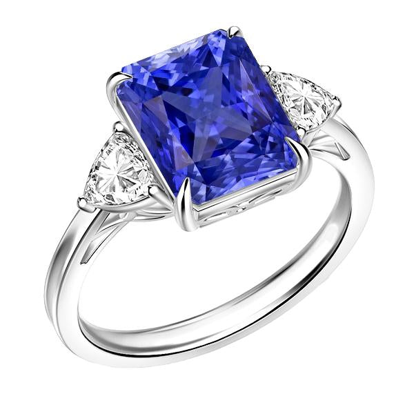 Blue Sapphire Trilliant Diamond 3 Stone Ring 3 Carats Trellis Setting