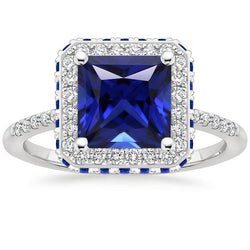 Blue Sapphire and Diamond Halo Ring 5.5 Carat Princess with Accent