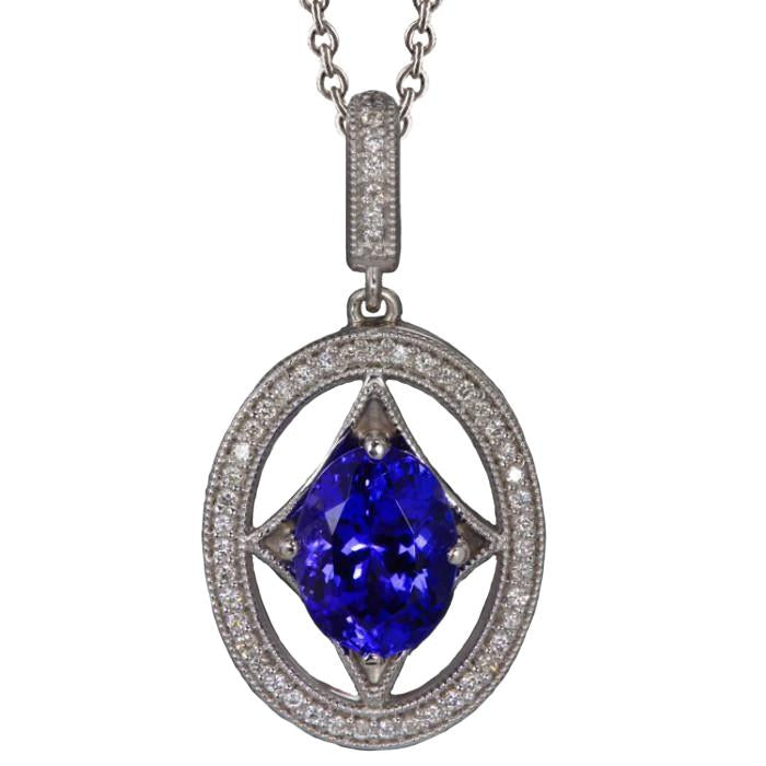 Blue Tanzanite And Diamonds 3.00 Ct Pendant Necklace White Gold 14K