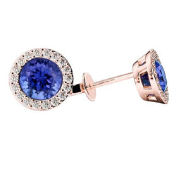 Blue Tanzanite And Diamonds Round Cut 5.50 Carats Studs Earrings 14K