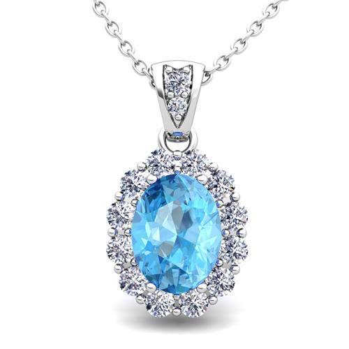 Blue Topaz & Diamond Halo Gemstone Pendant Necklace 10.90 Ct. WG 14K