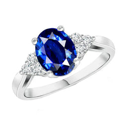 Cathedral Setting Oval Ceylon Sapphire & Natural Earth Mined Diamond Ring White Gold