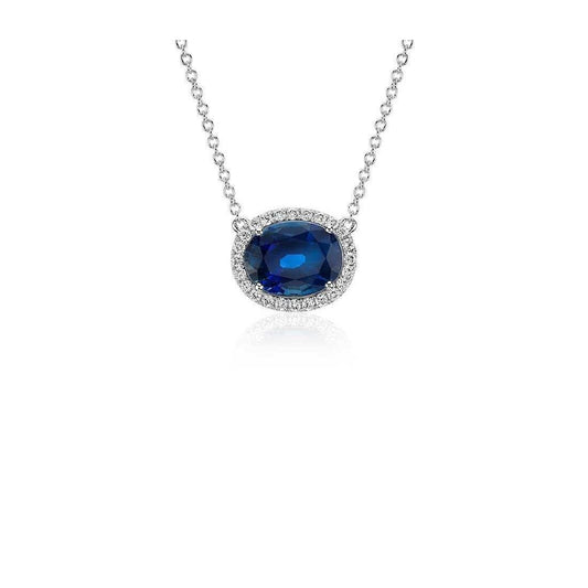 Ceylon Blue Sapphire Pendant Oval Cut Round Diamond Gold 14K 2.5 Ct