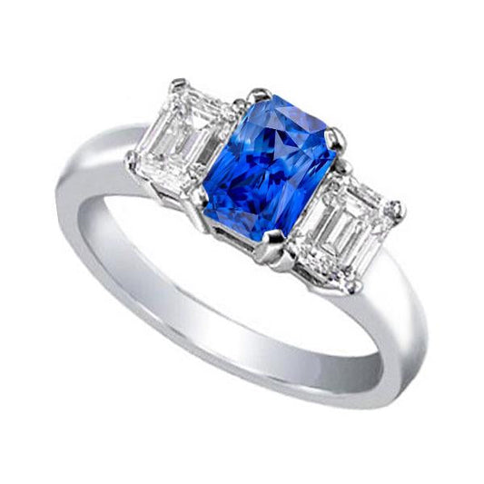 Ceylon Sapphire 3 Stone Ring Radiant & Emerald Diamonds 2.50 Carats