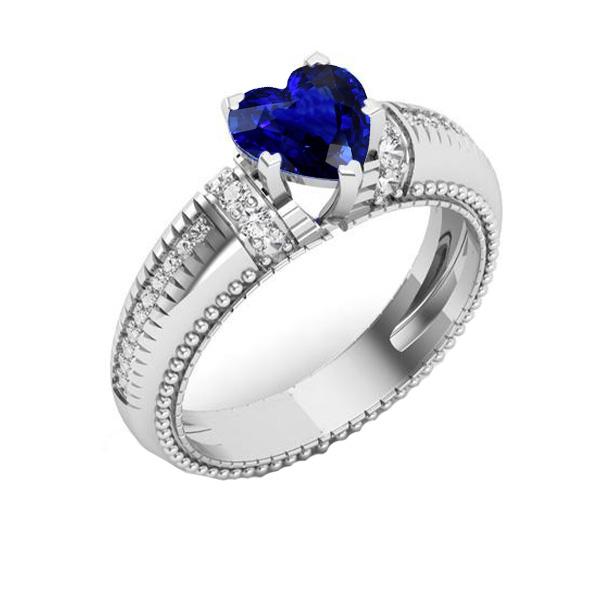 Ceylon Sapphire & Diamond Ring Heart Cut Milgrain Shank 2 Carats