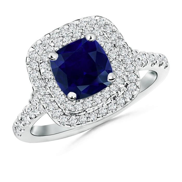 Ceylon Sapphire Double Halo Diamond Ring 4.0 Carat White Gold 14K