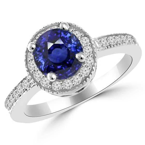 Ceylon Sapphire Halo Diamond 1.50 Carats Ring White Gold 14K