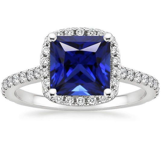 Ceylon Sapphire Halo Diamond Ring 6 Carat Princess Cut With Accents