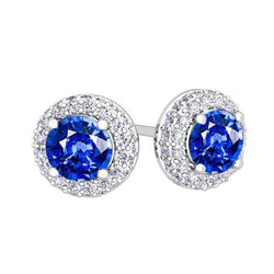 Ceylon Sapphire Halo Diamond Stud Earrings 4.70 Carat White Gold 14K