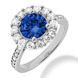 Ceylon Sapphire & Halo Diamond Wedding Ring 3.50 Carats White Gold 14K