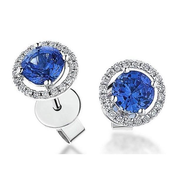 Ceylon Sapphire & Halo Diamond Women Stud Earring 4.40 Ct. White Gold 14K