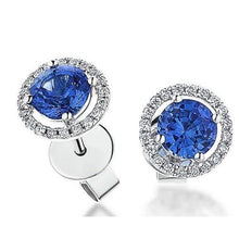 Ceylon Sapphire & Halo Diamond Women Stud Earring 4.40 Ct. White Gold 14K