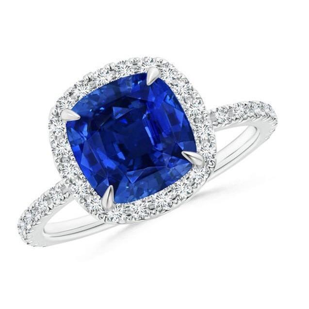 Ceylon Sapphire Halo Diamonds Ring 4 Carats White Gold 14K New