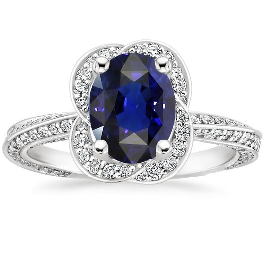 Ceylon Sapphire Halo White Gold Ring & Round Diamonds 6 Carats