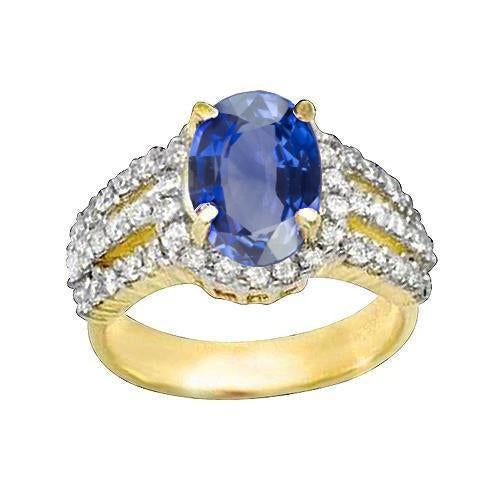 Ceylon Sapphire Oval And Round Diamonds Ring Gold 14K 3.51 Carats