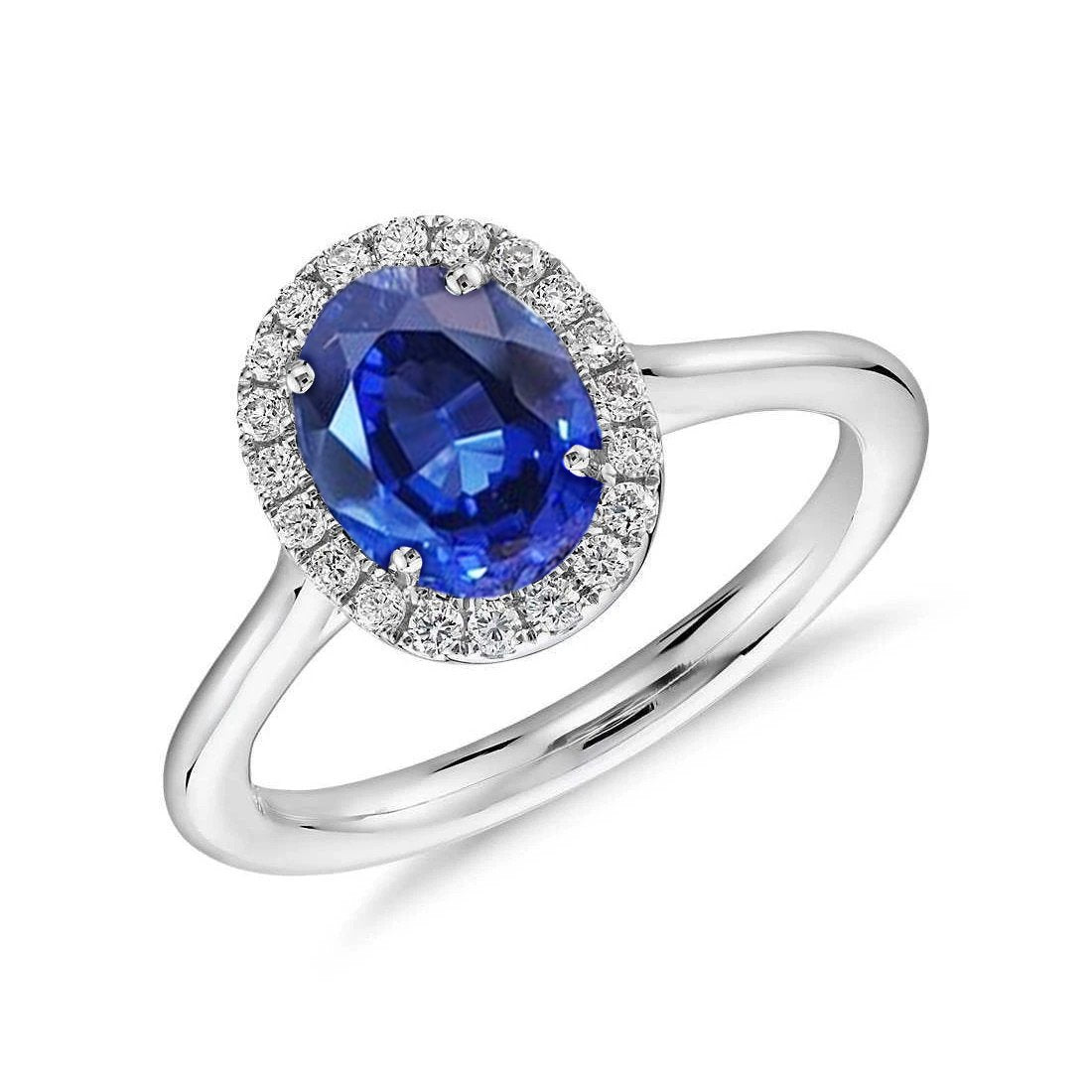 Ceylon Sapphire Oval With Diamonds Ring 3 Ct White Gold 14K