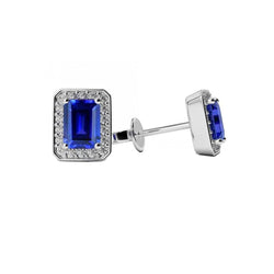 Ceylon Sapphire With Round Diamond Halo Stud Earrings 3.30 Ct. WG 14K