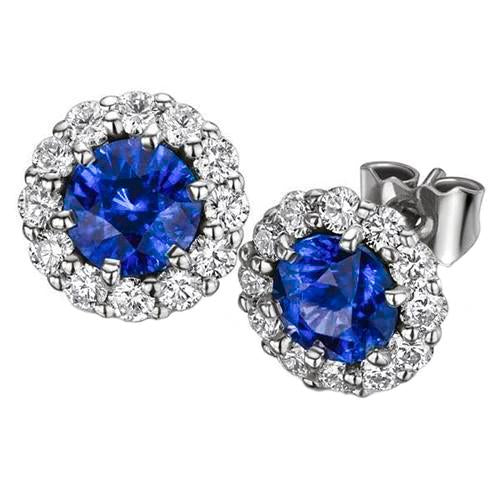 Ceylon Sapphire With Round Diamond Halo Stud Earrings 5.90 Ct. WG 14K
