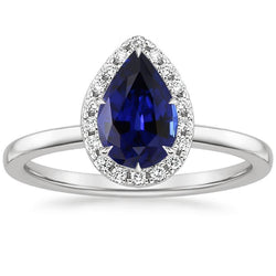 Classic Halo Natural Earth Mined Diamond Ring Pear Sapphire Center Gold 14K 6.75 Carats