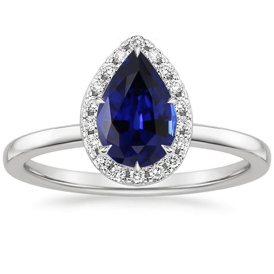 Classic Halo Diamond Ring Pear Sapphire Center Gold 14K 6.75 Carats