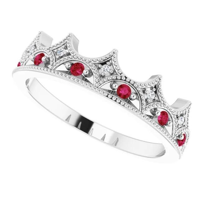 Crown Style Diamond & Ruby Stone Ring White Gold 14K 1.40 Carats