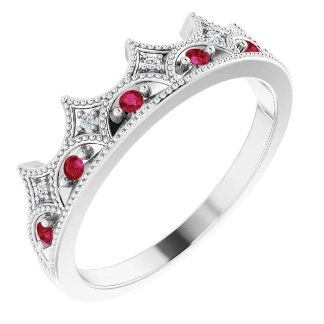 Crown Style Diamond & Ruby Stone Ring White Gold 14K 1.40 Carats