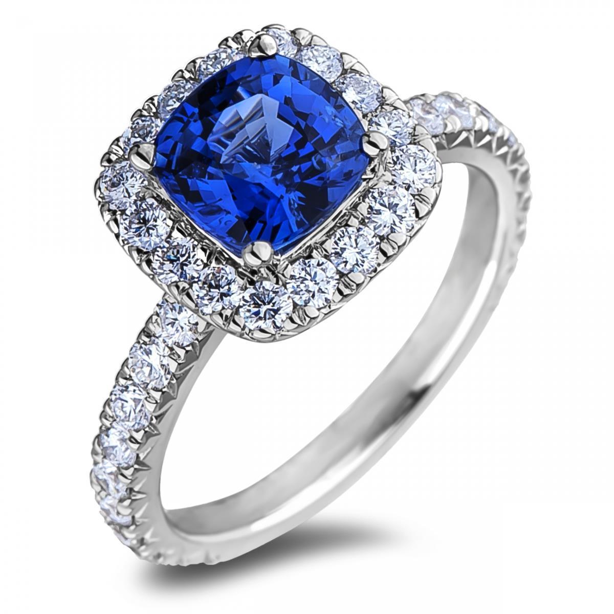 Cushion Ceylon Blue Sapphire With Diamonds 2.50 Ct. Ring