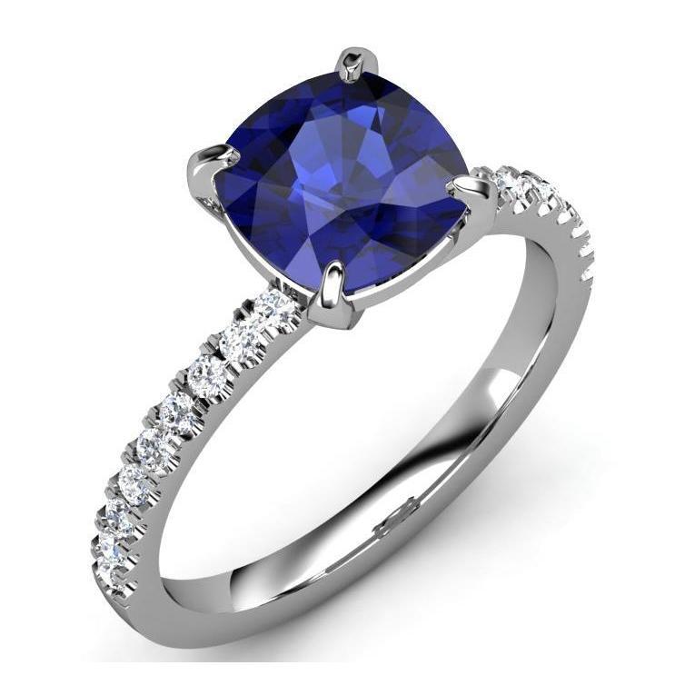 Cushion Ceylon Sapphire And Diamonds 2.90 Ct Ring White Gold 14K