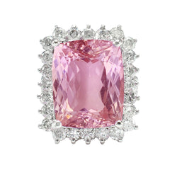 Cushion Cut Pink Kunzite With Natural Earth Mined Diamond Ring White Gold Jewellery 21 Ct