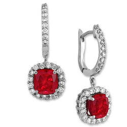 Cushion Ruby Diamond 5 Carats Dangle Earrings White Gold 14K