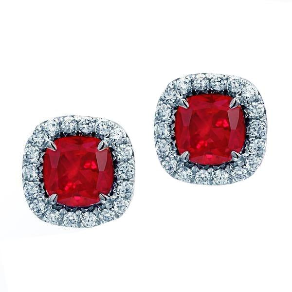 Cushion Ruby With Diamonds 7.50 Ct Studs Earrings White Gold 14K